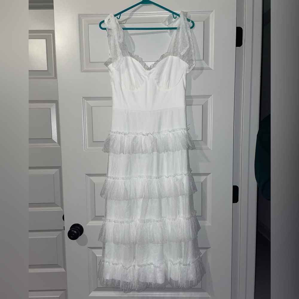 Lulu’s cocktail midi dress. Size S. Straps tie. Polka dot mesh. SUPER cute!